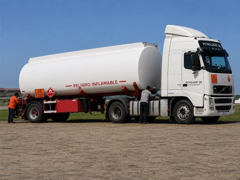 Operadores de CR Petrologist SRL en cisterna de transporte de combustible en Bolivia