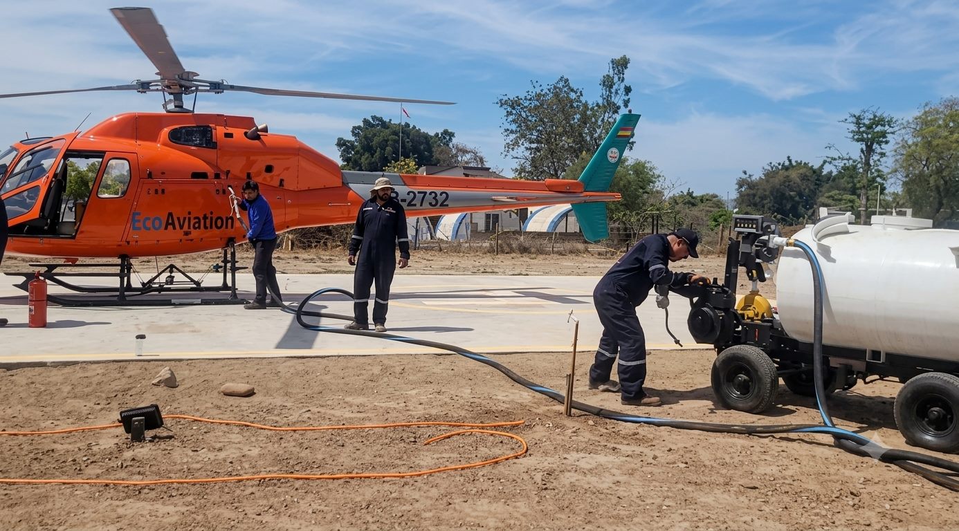 Equipo técnico de CR Petrologist SRL en operación de recarga de combustible aeronáutico a helicóptero en Bolivia